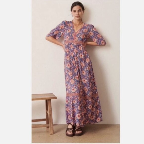 New Ba&sh  Robe Vally Floral Fuchsia Maxi Dress V-Neck  Long Sleeve Sz M/6 - Picture 3 of 10